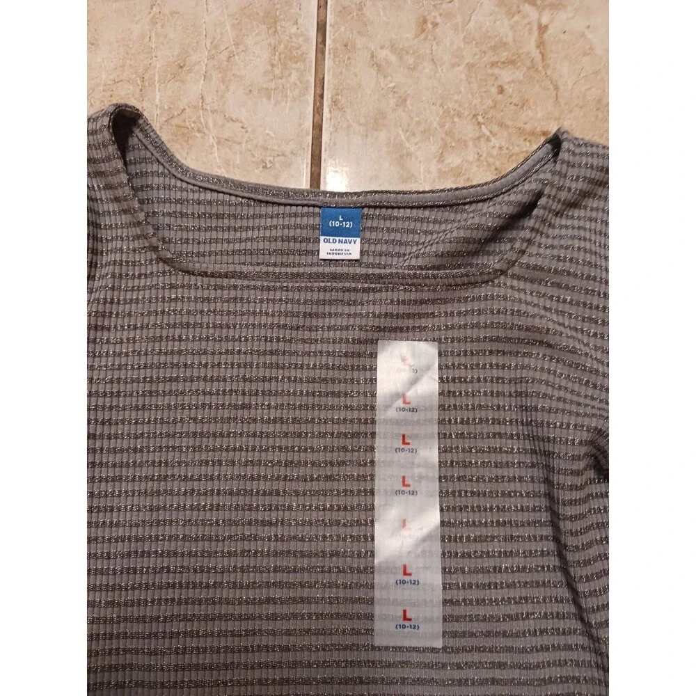 NWT Girls Old Navy Long Sleeve Pointelle Knit Top Size M (8) Gray Stripe  K4